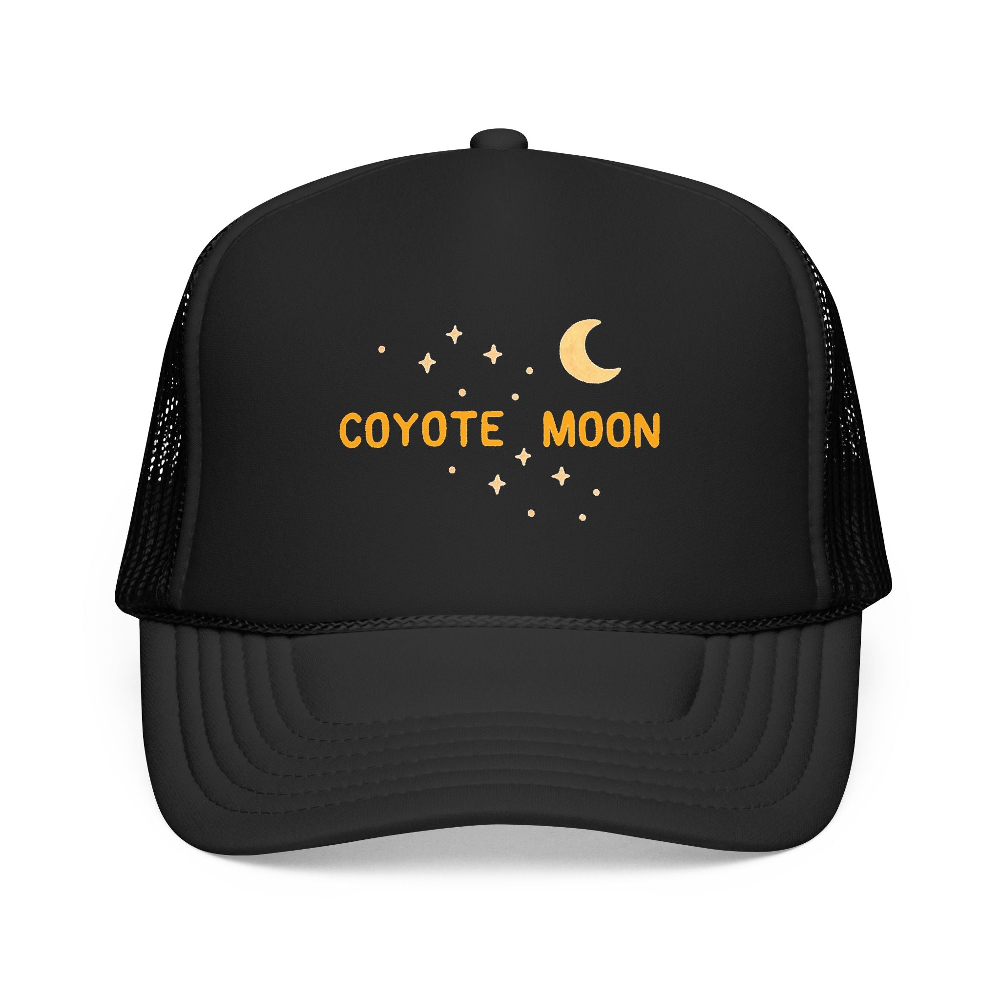 Coyote Moon Trucker Hat — Crescent Moon & Stars Mesh Cap